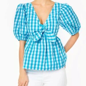 Lilly Pulitzer Turquoise Gingham Tie-Front Puff Sleeve Top